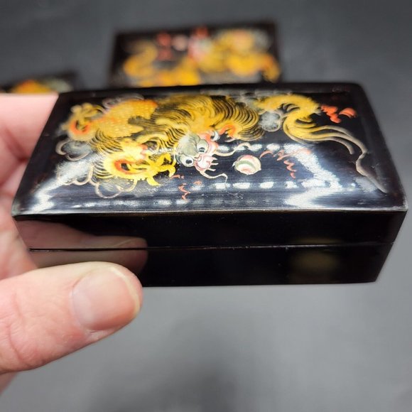 Vintage Black Lacquerware Handpainted Dragon Nesting Boxes Group Of 4 Rare - Picture 5 of 12